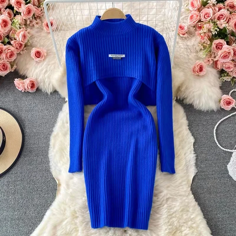 

Kpop Tide Women Autumn Winter Two-Piece Knit Dress Fashion 6 Solid Colour Sexy Elegent Dresses Mujer Casual Mid-Length Vestidos