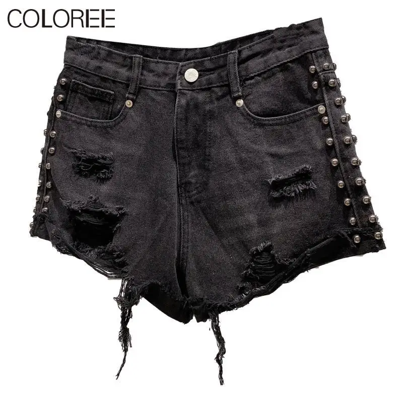 

Denim Shorts Women Summer 2021 New Rivets Pockets Ladies Bottoms Korean Fashion Casual Wide Leg Shorts Femme