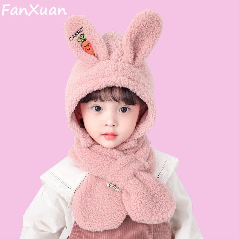 

Girls Scarf Hat Set Winter Scarf for Children Bunny Kids Hats for Girls Plush Baby Bonnets Rabbit Bonnet 4 years child