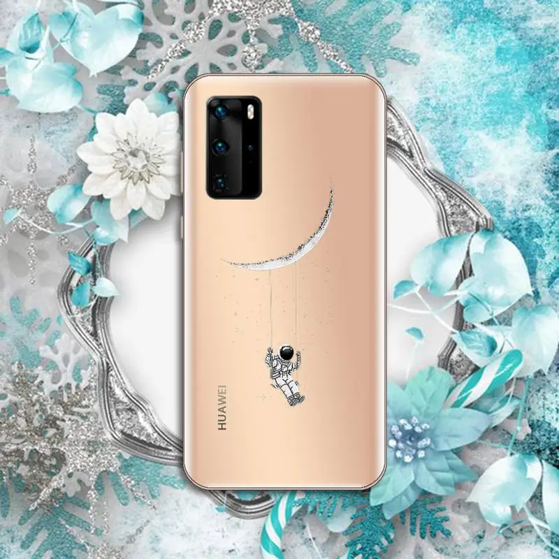 

Black White Moon Stars Space Astronaut Phone Case Transparent for Huawei P honor 8 10i 20 30 40 smart 2019