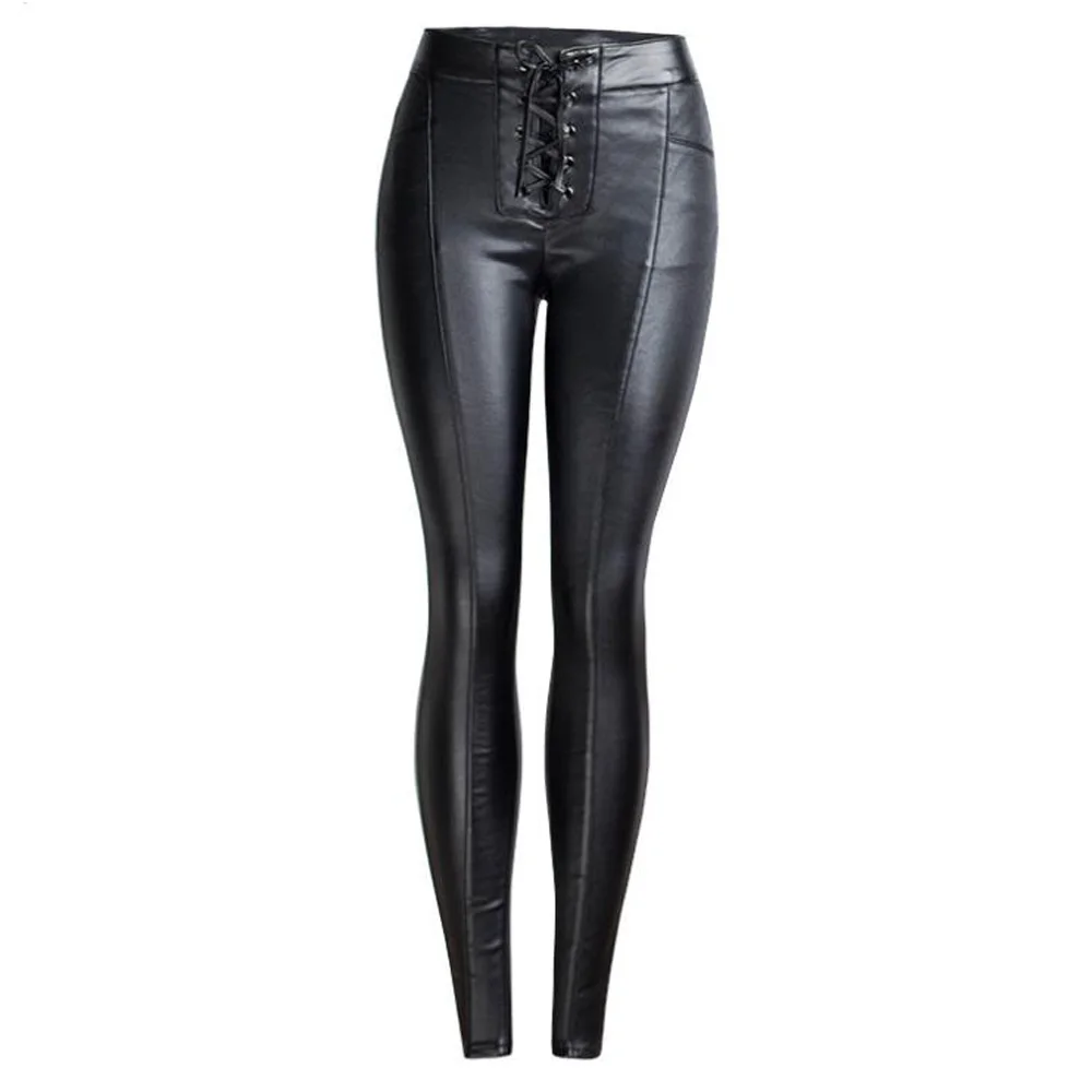 Джинсовые кожаные брюки с завышенной талией женские облегающие узкие завязками