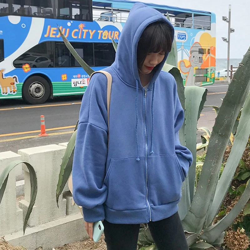 

Korean Women Autumn Long Sleeve Hoodies Jacket Harajuku Solid Color Oversized Loose Zip Up Sweatshirt Thicken Lining Warm Coat