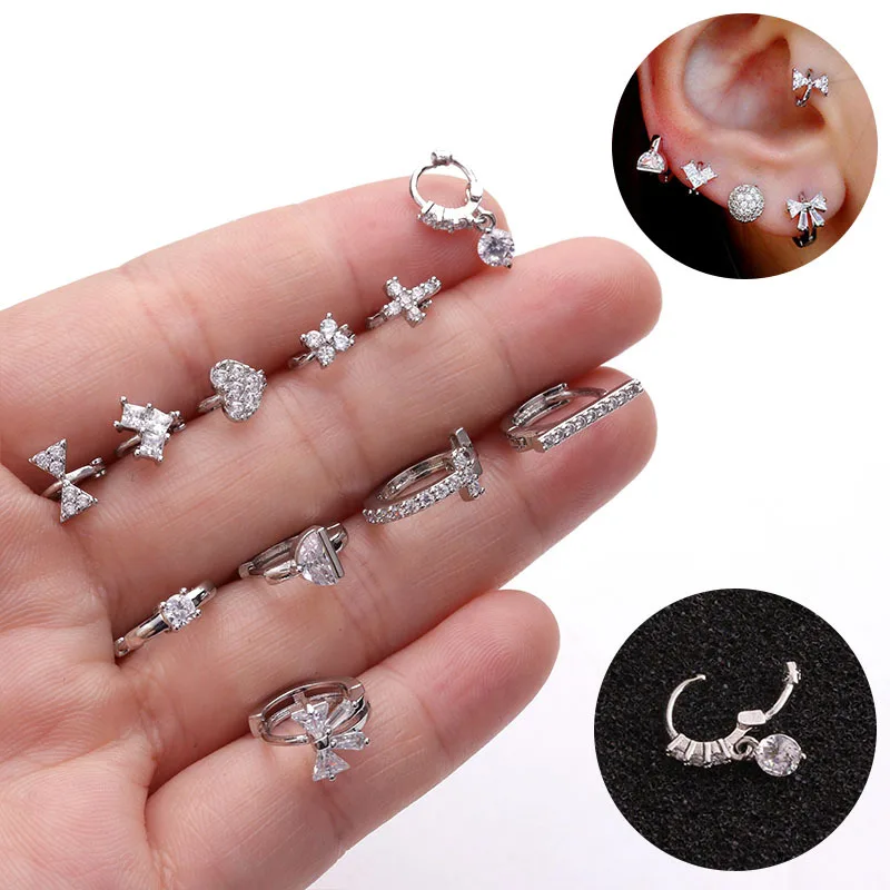 QCOOLJLY 1Pc New Tiny Cartilage Hoop With Cubic Zirconia Flower Cross Heart Bow Small Tragus Earring Helix Piercing Jewelry | Украшения и