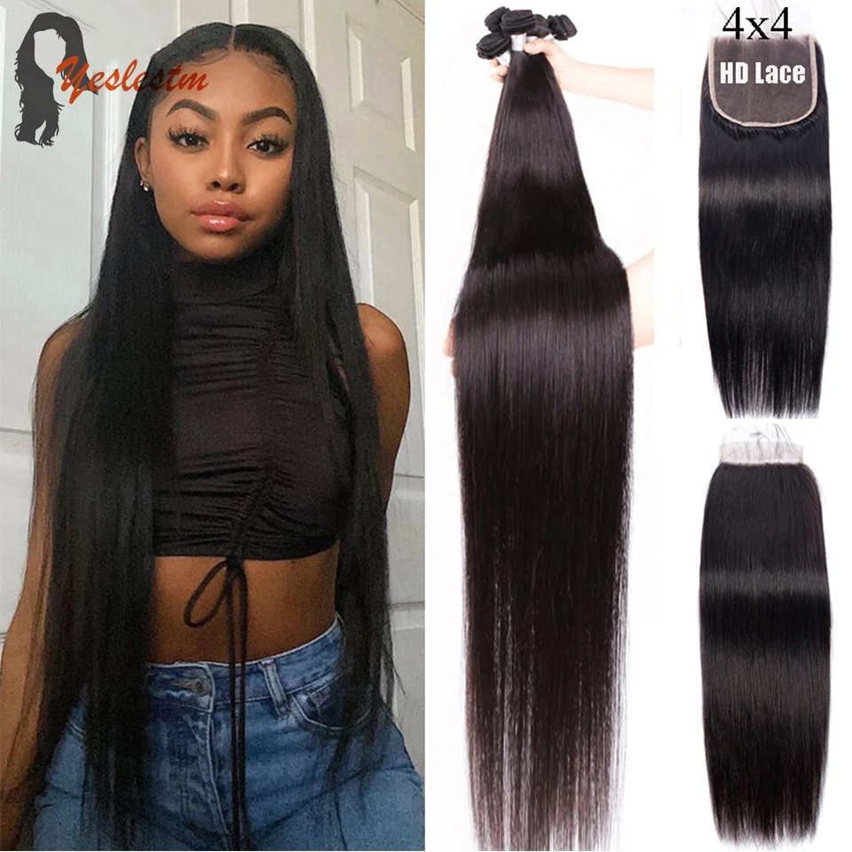 

Yeslestm 28 30 32 Inch Brazilian Straight Human Hair Weave Bundles With 13x4 Lace Frontal 3 4 Bundles Closure For Black Woman