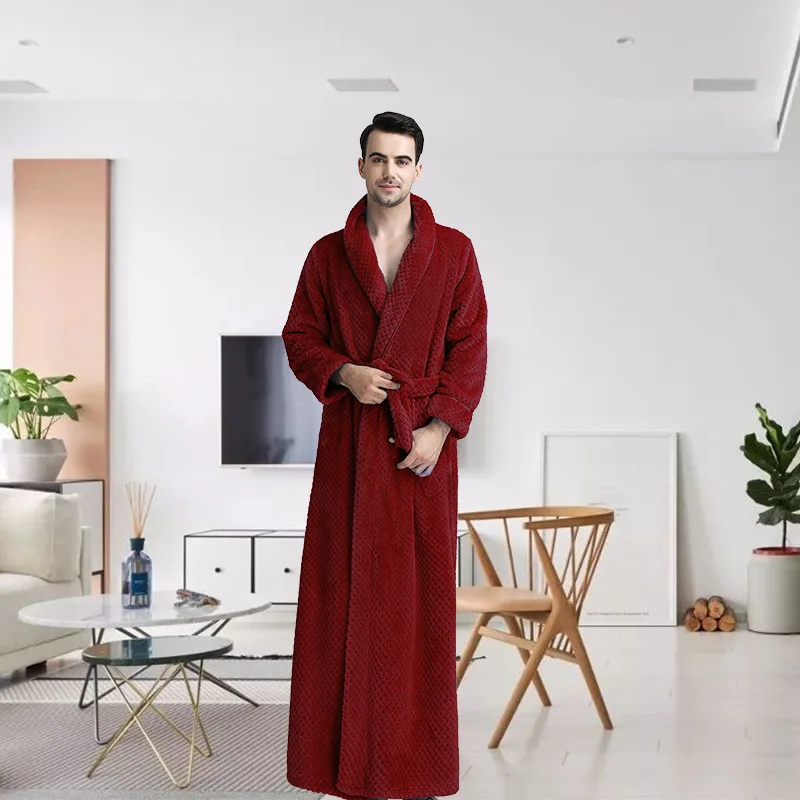 men red wine Мужской теплый зимний халат удлиненный фланелевый Халат из плотной сетки, мужское роскошное кимоно, женское банное полотенце на липучке, домашняя Термоодежда - Цвет: men red wine
