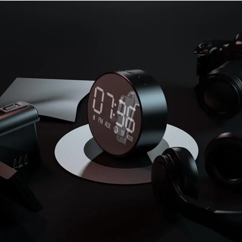 

Portable TF Card AUX Playback Subwoofer Speaker FM Radio Clock Mirror Display Wireless Blueto