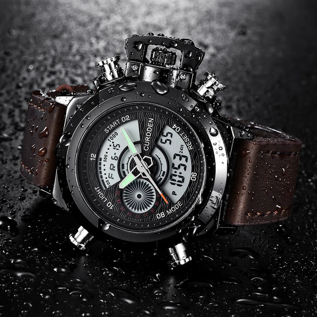 CURDDEN Watch Men Relogio Masculino Dual Display Leather Strap Steel Sports Quartz Wristwatch Life Waterproof Horloge Heren 40