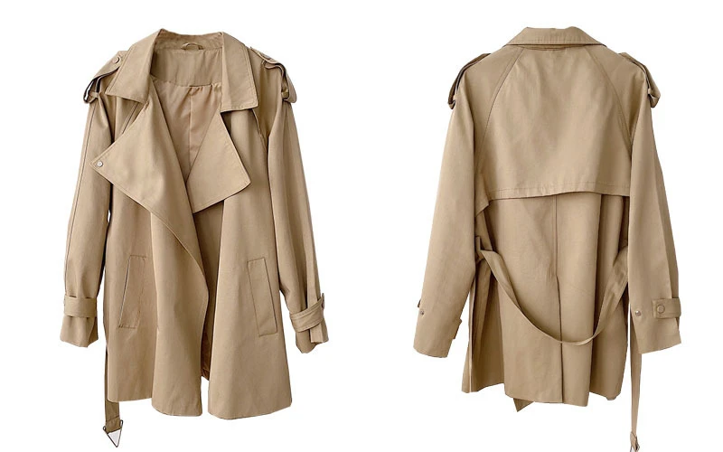 

TVVOVVIN Autumn Winter New High Waist Belt Windbreaker Women's Loose Small Short Casual Jacket Coat Womens YHJG