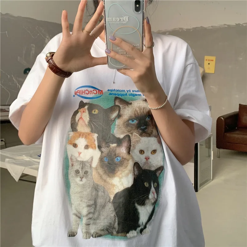 

Cotton Cat Print Short Sleeved T-shirt Loose 2021 Summer Trend Vintage Harajuku Style Couple Loose Solid Basic Tee Shirt