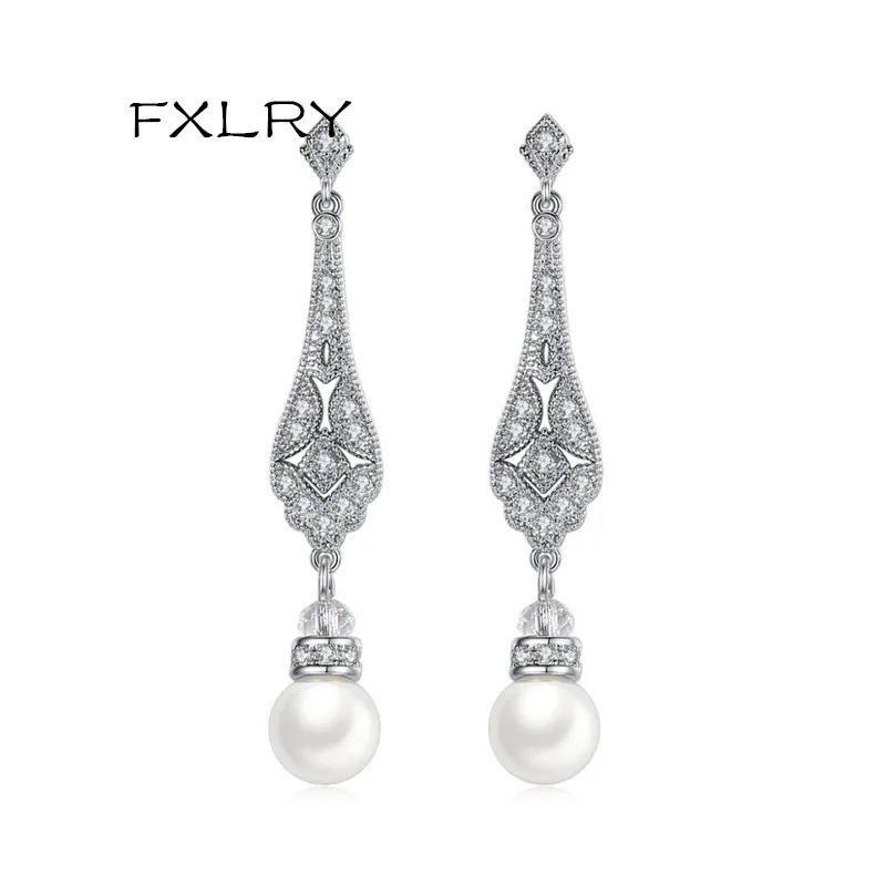 

FXLRY Elegant white Micro Inlay AAA Cubic Zirconia Imitation Pearl Dangle Earrings for Women Wedding Jewelry