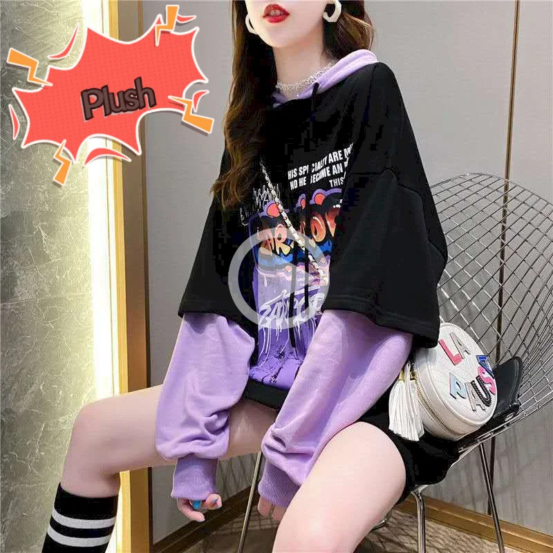 

2021 Autumn Winter Fake Two-piece Anime Hoodies Women's Mid-length Student All-match Tops New Korean Version Loose Goth Clothes