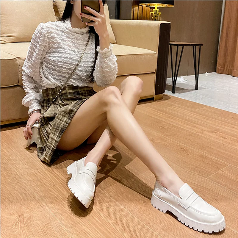 

Single Shoes Female British Style 2021 New White Thick-soled College Style Casual Loafers Leather Fashion Shoes Women's Shoes