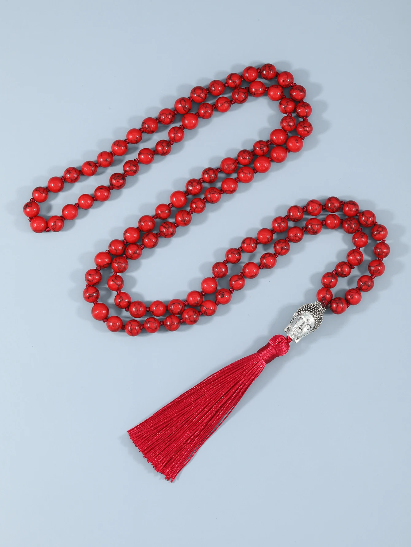 

YUOKIAA Natural Mala Red Turquoise Necklace 8mm108 Beads Meditation Japamala With Buddha Head Prayer Beaded Boho Tassel Necklace