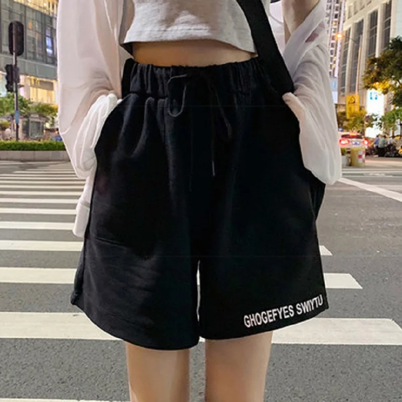 

Gray sports shorts women loose straight leg casual wide-leg pants Letter print cycling shorts vintage clothes harajuku oversize