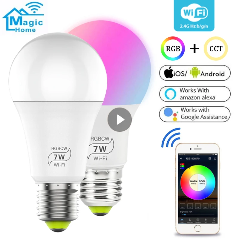 

Умная лампа с Wi-Fi, 7 Вт, E27, светодиодная лампа с RGB-подсветкой, работает с Alexa/Google Home