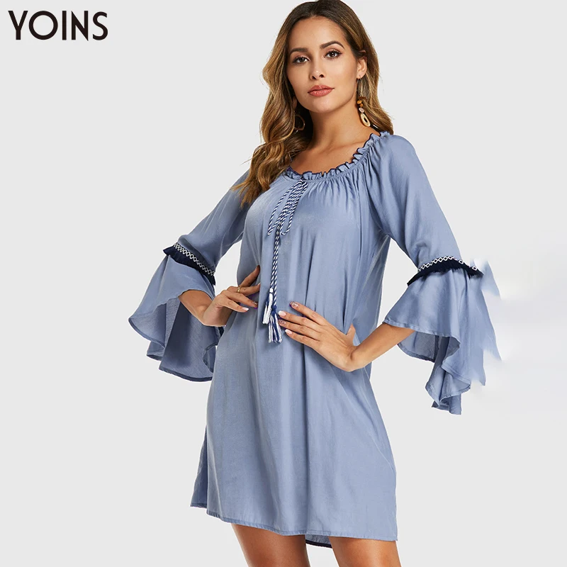 YONIS 2019 Платье женское вязаное кружево украшенное круглый вырез галстук ап