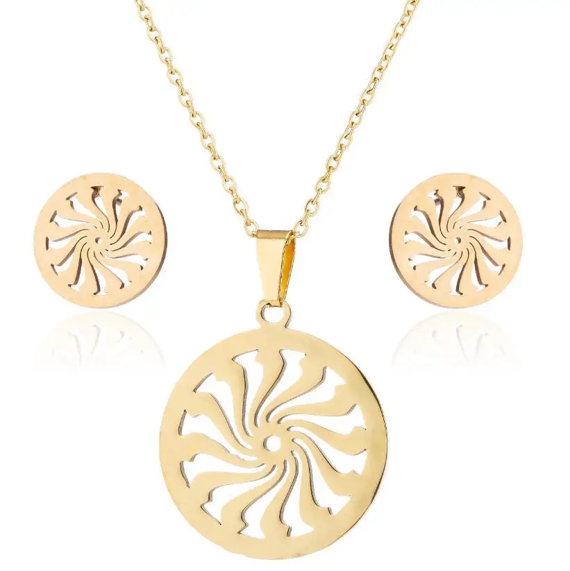 

Sinogaa Fashion Stainless Steel Geometric Hollow Round Necklace And Earrings Simple Rotating Spiral Clavicle Chain Jewelry Sets