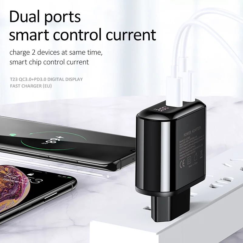 USAMS Quick Charge 3,0 USB зарядное устройство светодиодный дисплей 18 Вт QC3.0 PD 3,0 быстрое зарядное устройство для iPhone iPad Pro двойные порты, для мобильных телефонов зарядное устройство