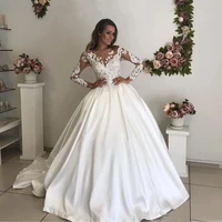 appliques lace satin wedding dresses illusion long sleeve sheer neck princess vintage bridal gowns vestido de noiva custom size