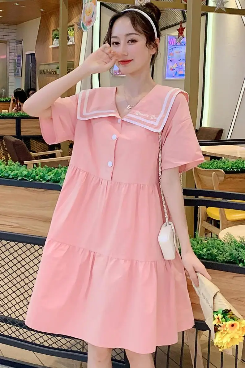 

11866# 2021 Summer Korean Fashion Cotton Maternity Dress Sweet Lovely Loose Clothes for Pregnant Women Casual Chic Pregnancy