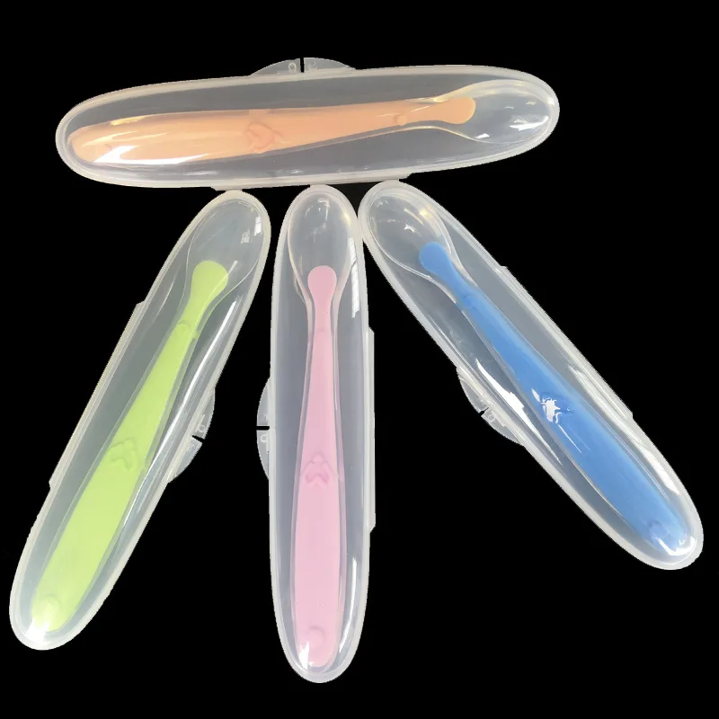 Cuchara de alimentaci&oacute;n para beb&eacute; con caja de almacenamiento, cucharilla antideslizante de entrenamiento para beb&eacute;, cucharilla de silicona de grado alimenticio, vajilla de alimentaci&oacute;n para beb&eacute;, 1 ud.-4