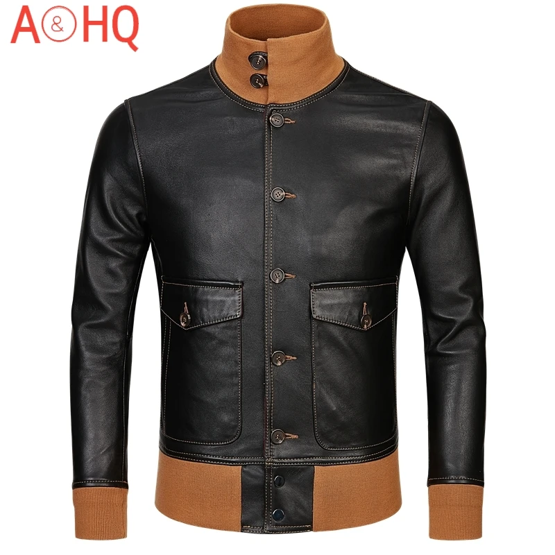 

New Men Real Leather Aviator Flight Jacket 100% Sheepskin Genuine Leather High Neck Bomber Jacket Male Casual Aviation Slim Coat