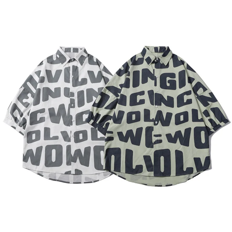 

2021 summer new loose casual couple solid color letter ordinary Lapel fashion men's shirt