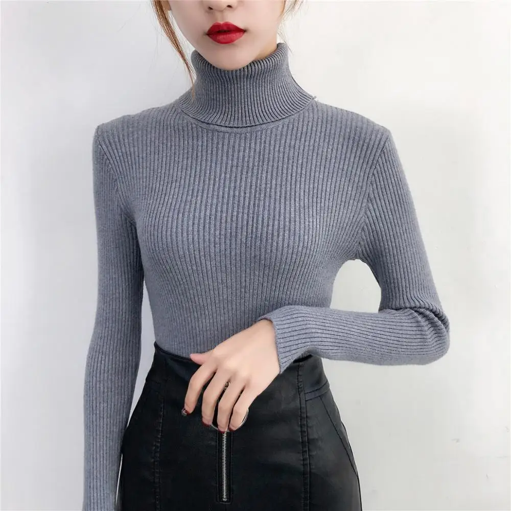 Женский вязаный свитер с высоким воротником пуловер длинным рукавом черный