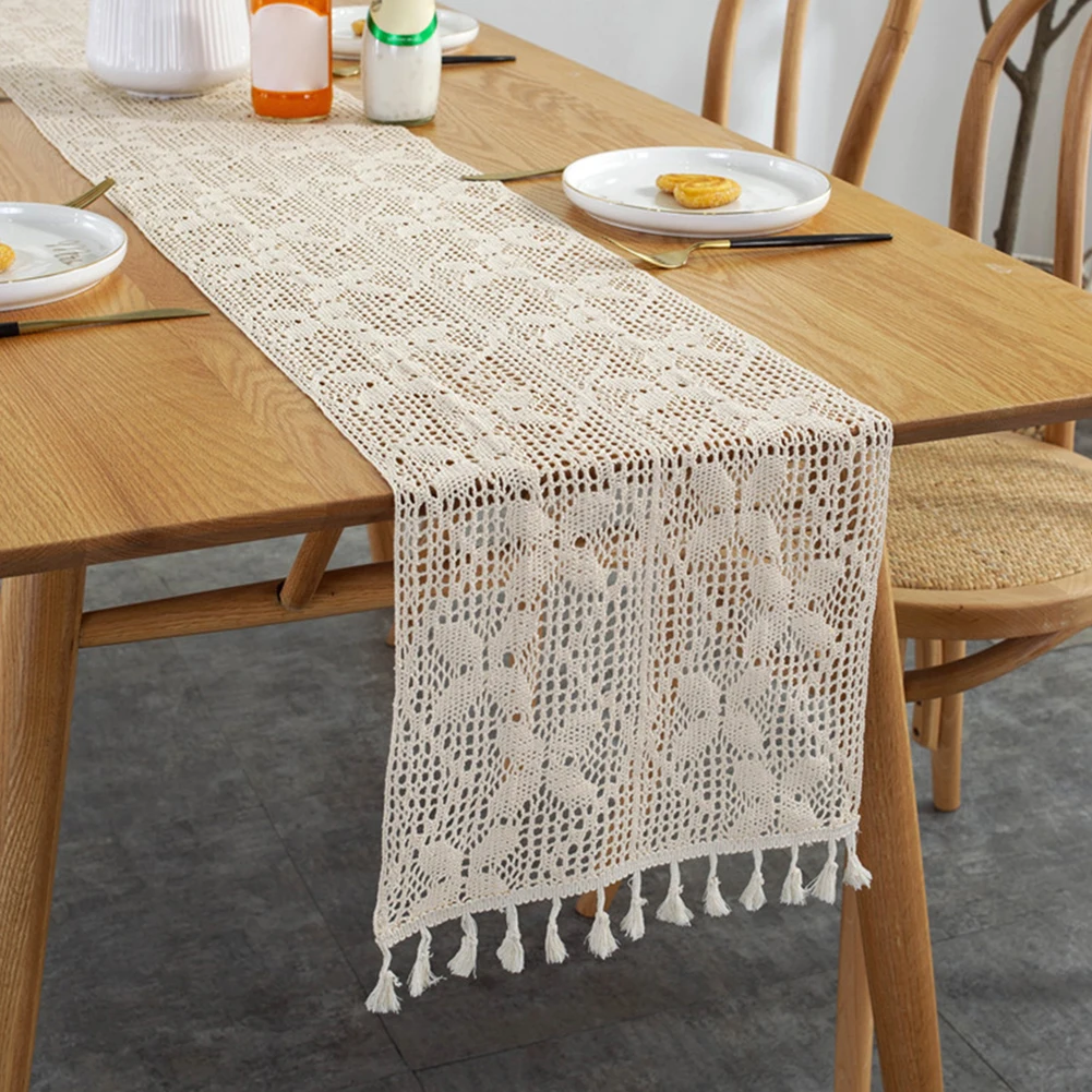 

Knitting With Tassel Table Runner Home Decor Party Hollowed Out Wedding Lace Accessories Dining Room Celebration Birthday Widen