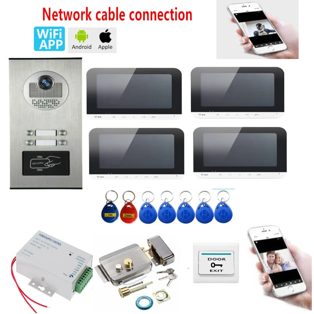 7 дюймов Запись проводной Wifi видео телефон двери внутренной связи Системы RFID ИК