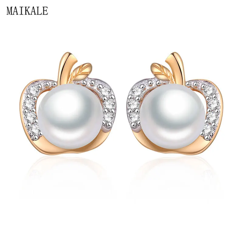 MAIKALE, корейские жемчужные серьги-гвоздики, яблоко, звезда, пятиугольник, кубический цирконий, медь, золото, серебро, небольшой талисман, серьги для женщин, милый подарок