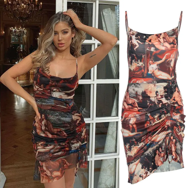 

Sexy Club Dress Women Slash Neck Sleeveless Party Dress Printing Draped Summer Sundress Spaghetti Strap Short Mini Dress