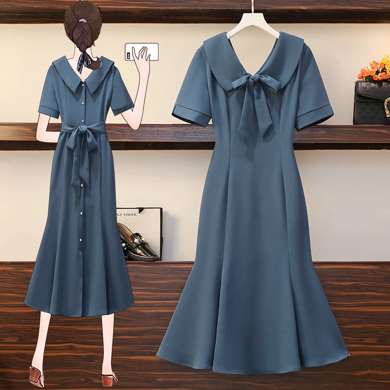 

4XL Plus Size Women French Elegant Mermaid Dress Summer 2021 Bowknot V-neck Short Sleeve Back Single-breasted Party Dresses