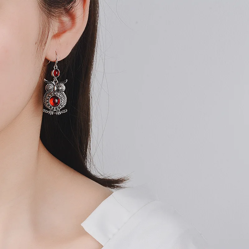 

Fashion Vintage Thai Silver Jewelry Cute Owl Shape Crystal Ear Drop Ruby High Quality Wedding Gift Earrings Fine Jewelry