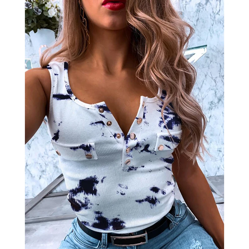 Майка женская на пуговицах с V-образным вырезом без рукавов | Женская одежда