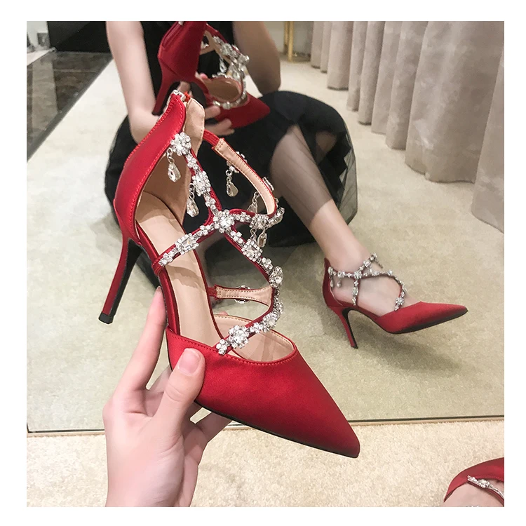 

Elegant Wedding Bride Shoes Stiletto Heel Pointed Toe Silk Fabric Sandals Ankle Buckle Strap Crystal Rhinestone BlingBling Pumps