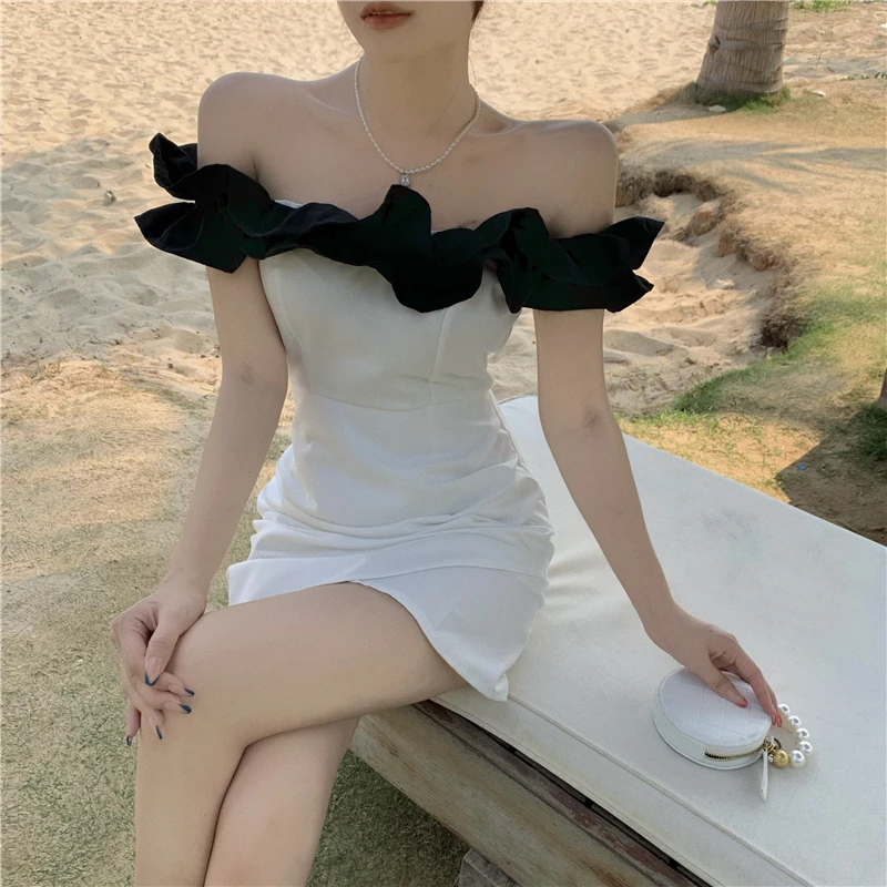 

Lotus Leaf Collar Dress Feminine One-shoulder French Retro Slim Irregular Short-sleeved 2021 Mini Summer Dress