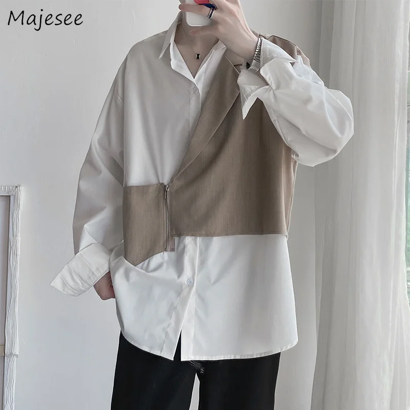 

Fake Two Pieces Shirts Men Casual Patchwork Zipper Design Korean Style Fashion Students All-match Spring New Turn Down Collar