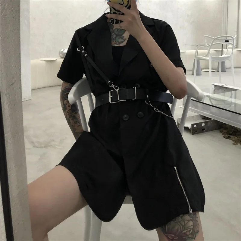 

Женское платье, Новинка лета 2021, облегающий двубортный черный костюм в стиле Харадзюку, бойфренд, приталенный силуэт, юбка с поясом