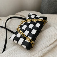 color contrast weave small cute pu leather crossbody bags for women 2021 simple branded luxury gold chain shoulder handbags