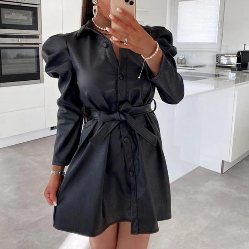 

Wepbel, однобортные платья из искусственной кожи с длинным рукавом, модное кожаное мини-платье, осенне-зимнее привлекательное кожаное платье н...