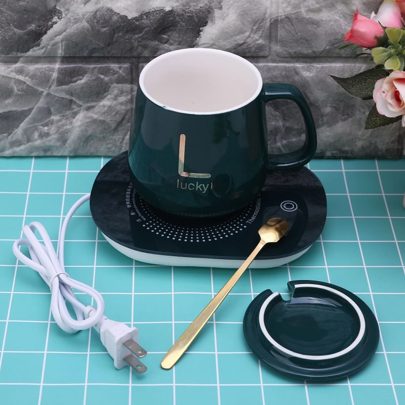 

US Plug / USB 450ml Coffee Cup with Spoon and 55 Degree Thermostat Coaster Set for Home Living Room Study Room Office