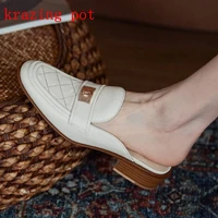 krazing pot cow leather round toe gingham low heel metal fasteners slip on outside slipper young lady daily wear shoes women l37