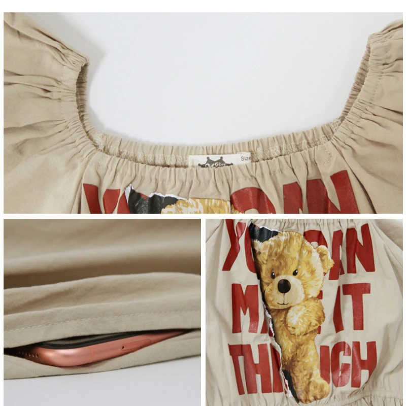 

8 To 16 Years,2021 New Summer Girls Midi Dress Shoulderless Kids Clothes Cartoon Pockets Children Novely 2 Styles to Wear ,#6179