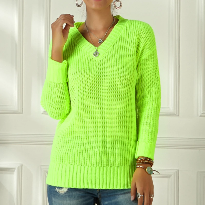 Женский розовый вязаный свитер с v-образным вырезом повседневный однотонный