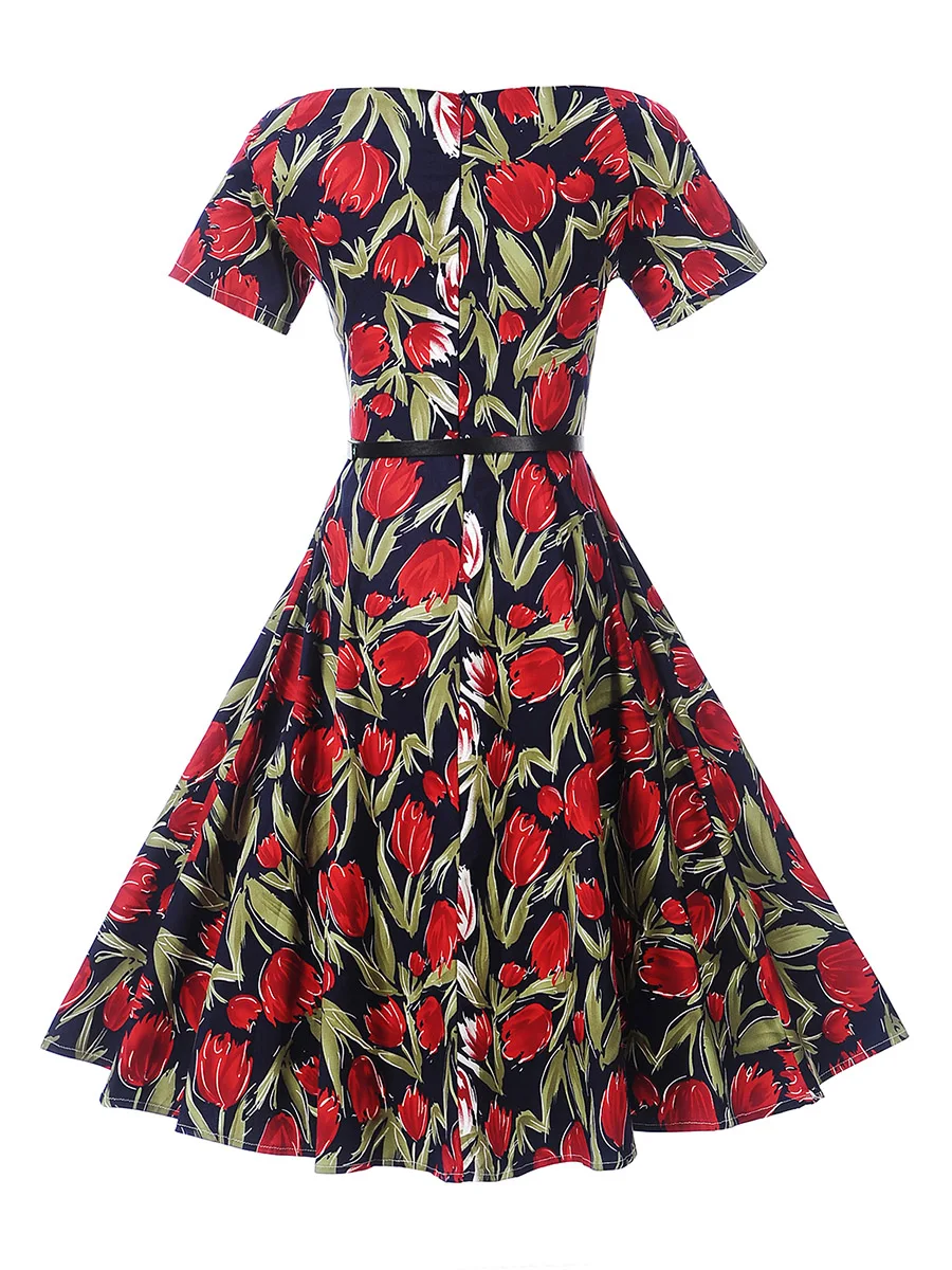 

SALE 90s Style Floral Print Dress 2021 Summer A Line Sexy Off Shoulder Flower Vestido Women Retro Pin Up Slash Neck Summer Dress