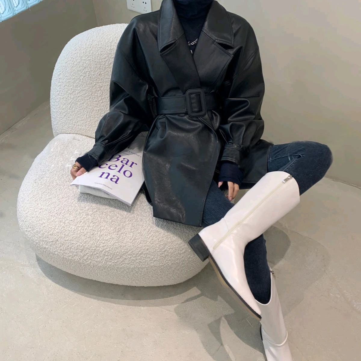 

Office Lady Vintage Faux Leather Cardigan Jacket With Belt Fashion Lantern Sleeve Motorcycle Loose Coats For Women