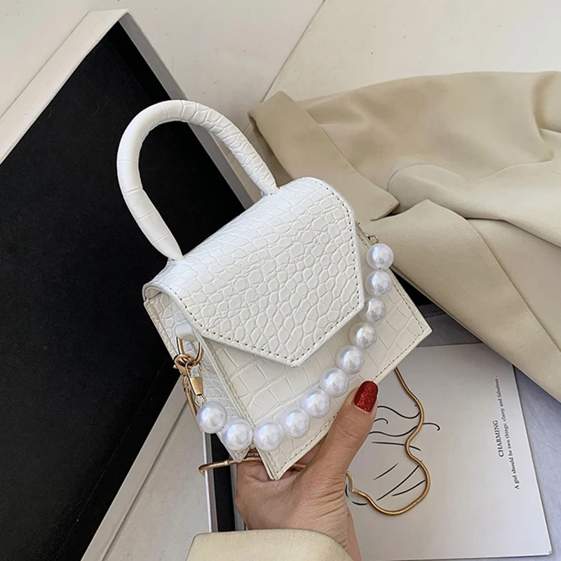 

JinMantang Pearl Handle Super mini Design PU Leather Shoulder Bags For Women 2021 Crossbody Bag Travel Handbags Stone Pattern