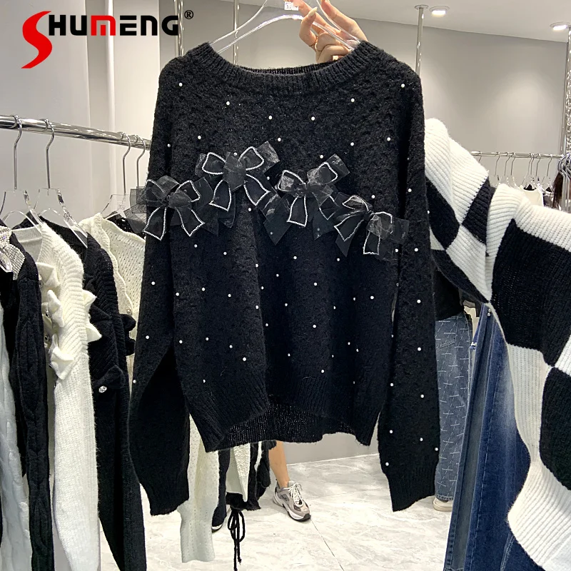 

Sweet Winter Knit Clothes for Women 2021 Fashion Bow Diamond Long Sleeve Knitted Top Pullover Black Rhinestone Sweaters Female