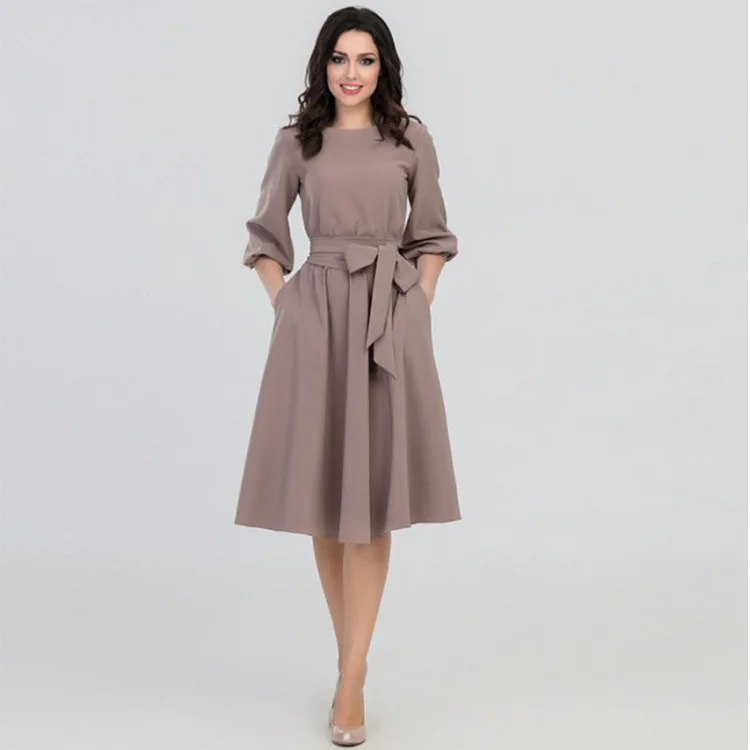 khaki dress Винтажное ТРАПЕЦИЕВИДНОЕ кружевное женское платье Элегантное Бандажное платье с круглым вырезом и рукавом три четверти офисное женское платье с карманами Vestidos - Цвет: khaki dress